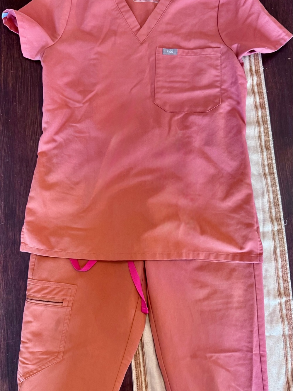 Figs Women’s Coral-Orange Scrub Set with Pink Drawstring